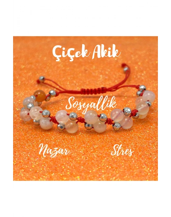 Sertifikalı 6mm Ipli Çiçek Akik Ayarlanabilir Ölçü Doğal Taş Bileklik