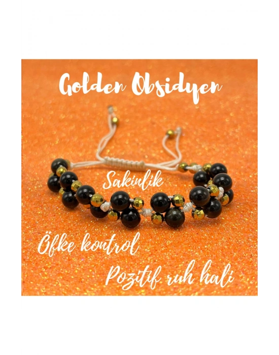 Sertifikalı 6mm Ipli Golden Obsidyen Ayarlanabilir Ölçü Doğal Taş Bileklik