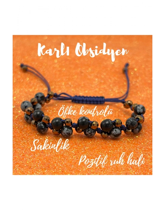 Sertifikalı 6mm Ipli Karlı Obsidyen Ayarlanabilir Ölçü Doğal Taş Bileklik