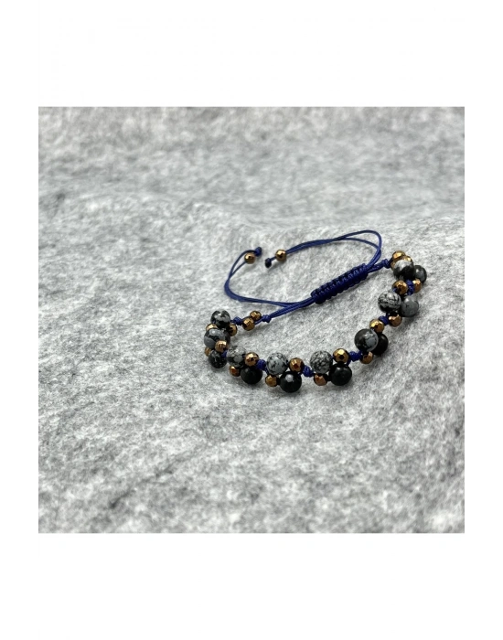 Sertifikalı 6mm Ipli Karlı Obsidyen Ayarlanabilir Ölçü Doğal Taş Bileklik