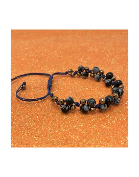 Sertifikalı 6mm Ipli Karlı Obsidyen Ayarlanabilir Ölçü Doğal Taş Bileklik