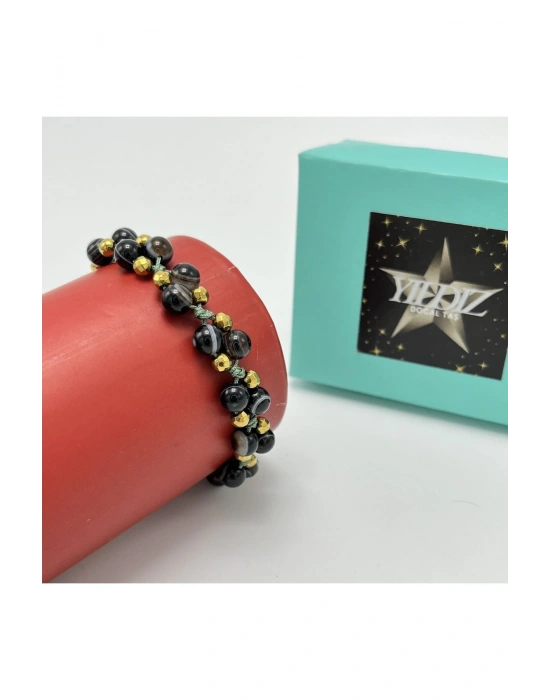 Sertifikalı 6mm Ipli Siyah Göz Akik Ayarlanabilir Ölçü Doğal Taş Bileklik