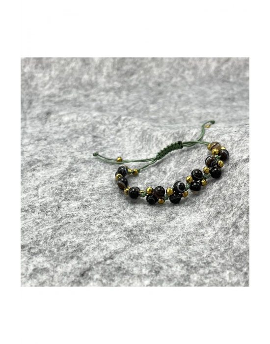 Sertifikalı 6mm Ipli Siyah Göz Akik Ayarlanabilir Ölçü Doğal Taş Bileklik