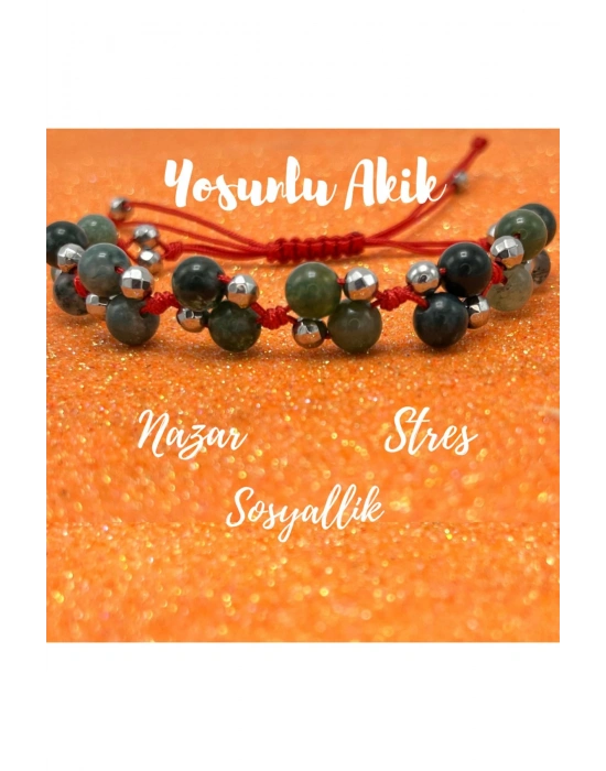 Sertifikalı 6mm Ipli Yosunlu Akik Ayarlanabilir Ölçü Doğal Taş Bileklik