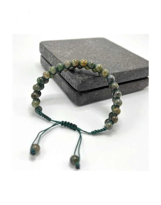 SERTİFİKALI Afrika Yeşim Çift Sıra Doğal Taş Makrome Bileklik Ayarlanabilir Ölçü