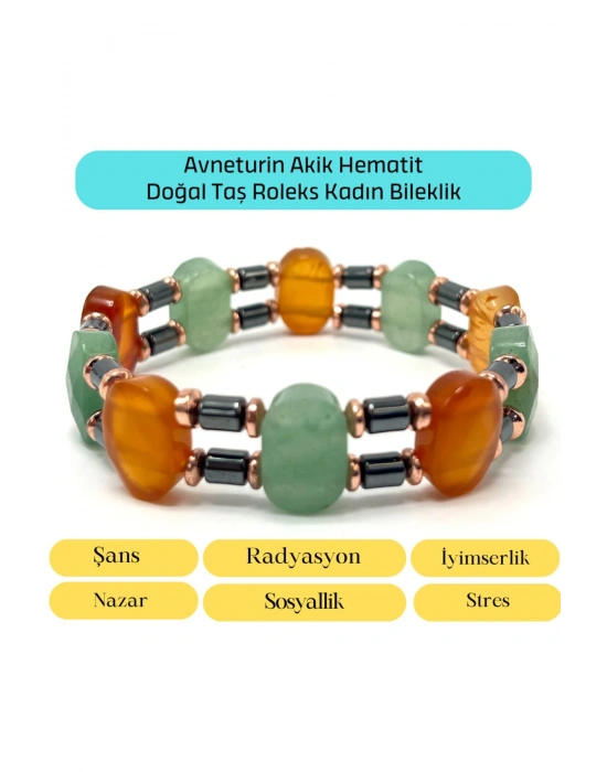 SERTİFİKALI Akik Aventurin Hematit Doğal Taş Roleks Kadın Bileklik