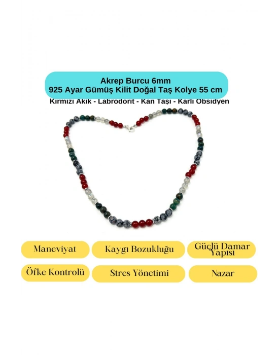 SERTİFİKALI Akrep Burcu 6mm 925 Ayar Gümüş Doğal Taş Kolye 55 cm