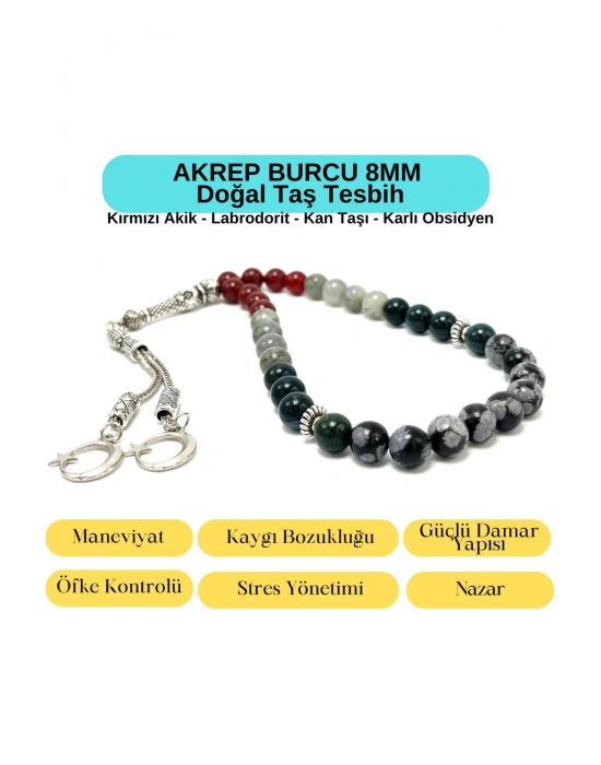 Sertifikalı Akrep Burcu 8mm 33lük Doğal Taş Tesbih