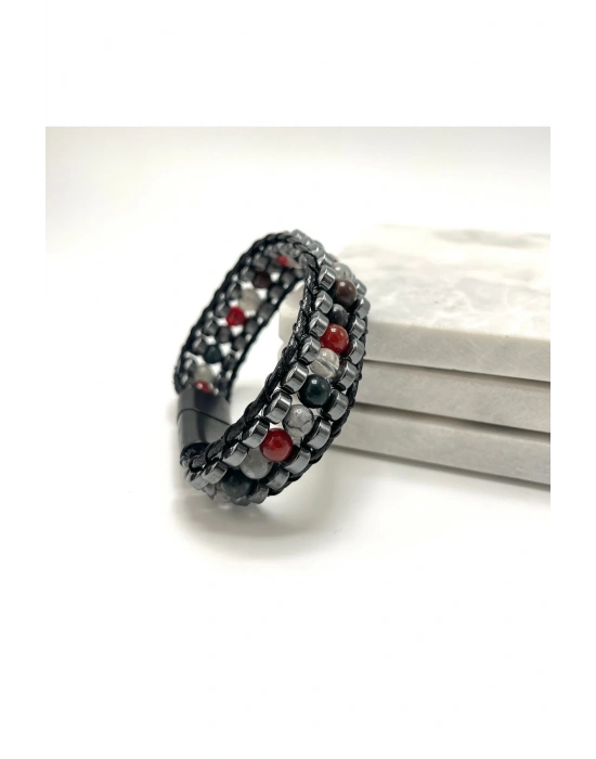 SERTİFİKALI Akrep Burcu Disk Model Doğal Taş Erkek Bileklik Mıknatıslı Kilit