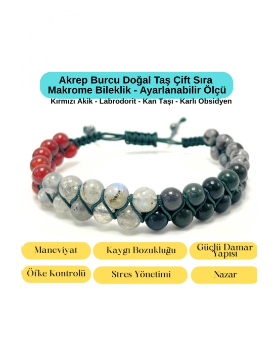 SERTİFİKALI Akrep Burcu Doğal Taş Çift Sıra Makrome Bileklik