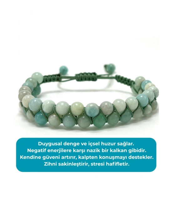 SERTİFİKALI Amazonit Çift Sıra Doğal Taş Makrome Bileklik Ayarlanabilir Ölçü
