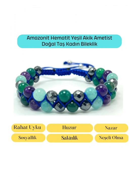 SERTİFİKALI Amazonit Hematit Yeşil Akik Çift Sıra Makrome Ayarlanabilir Ölçü Doğal Taş Bileklik