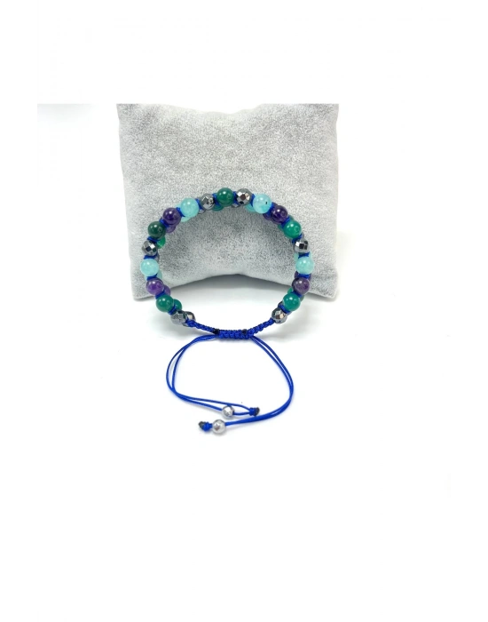 SERTİFİKALI Amazonit Hematit Yeşil Akik Çift Sıra Makrome Ayarlanabilir Ölçü Doğal Taş Bileklik