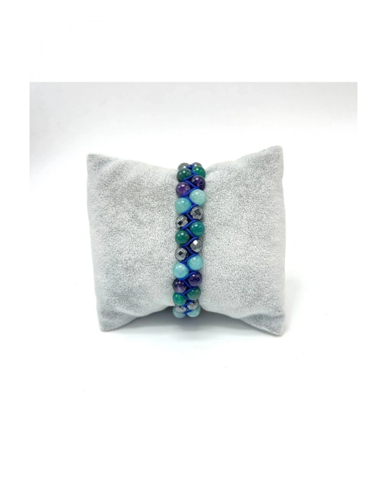 SERTİFİKALI Amazonit Hematit Yeşil Akik Çift Sıra Makrome Ayarlanabilir Ölçü Doğal Taş Bileklik