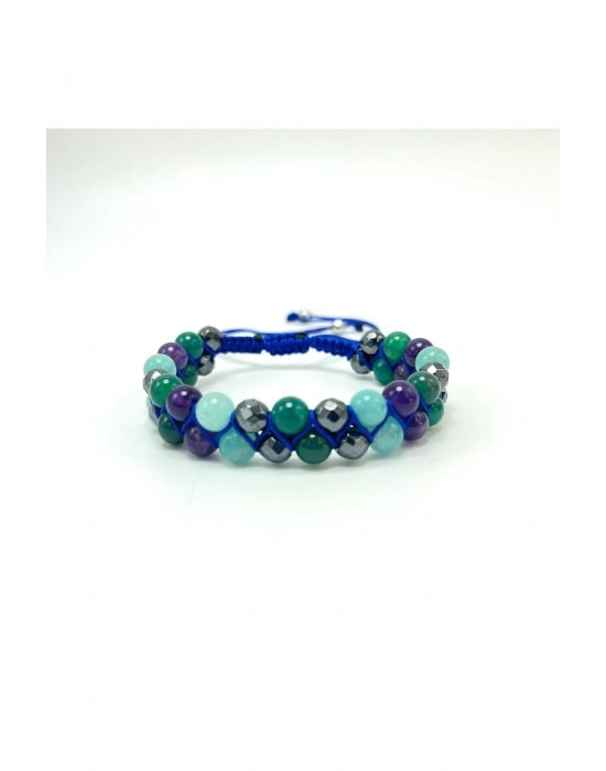 SERTİFİKALI Amazonit Hematit Yeşil Akik Çift Sıra Makrome Ayarlanabilir Ölçü Doğal Taş Bileklik