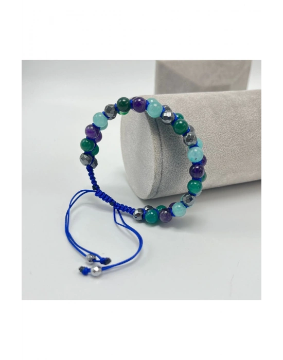 SERTİFİKALI Amazonit Hematit Yeşil Akik Çift Sıra Makrome Ayarlanabilir Ölçü Doğal Taş Bileklik