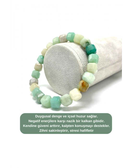 SERTİFİKALI Amazonit Küp Kesim Lastikli Doğal Taş Bileklik 8 mm