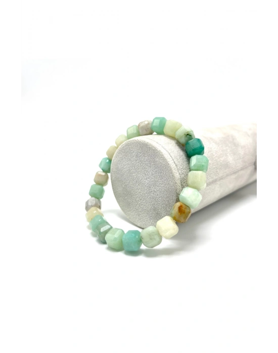 SERTİFİKALI Amazonit Küp Kesim Lastikli Doğal Taş Bileklik 8 mm