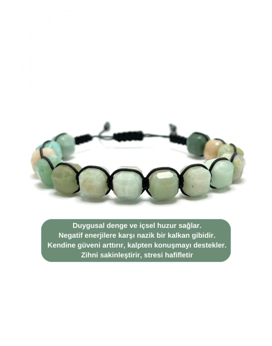 SERTİFİKALI Amazonit Küp Kesim Makrome Doğal Taş Bileklik 8 mm