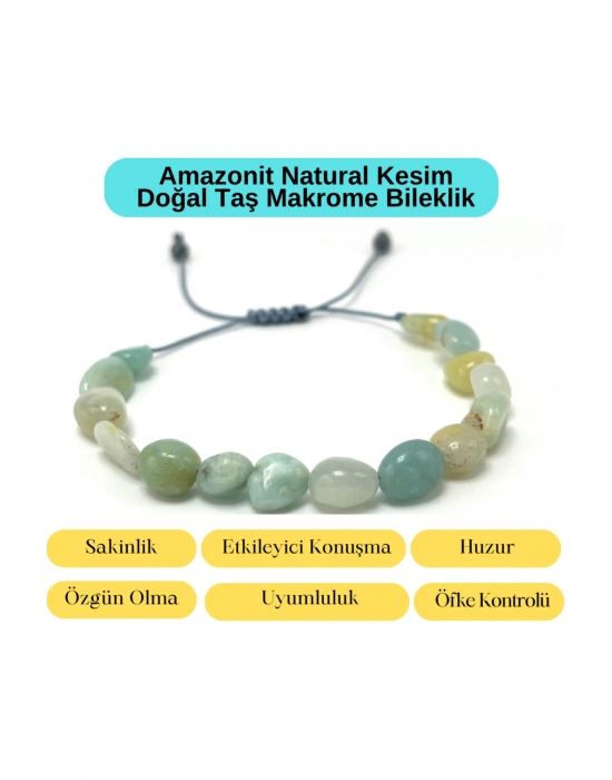 Sertifikalı Amazonit Natural Kesim Makrome Doğal Taş Bileklik Ayarlanabilir Ölçü