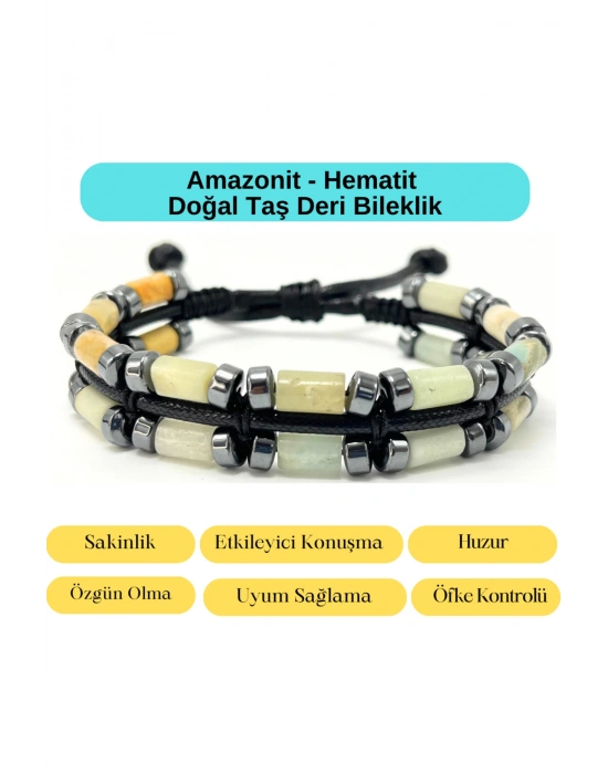 Sertifikalı Amazonit ve Hematit Makrome Doğal Taş Deri Erkek Bileklik