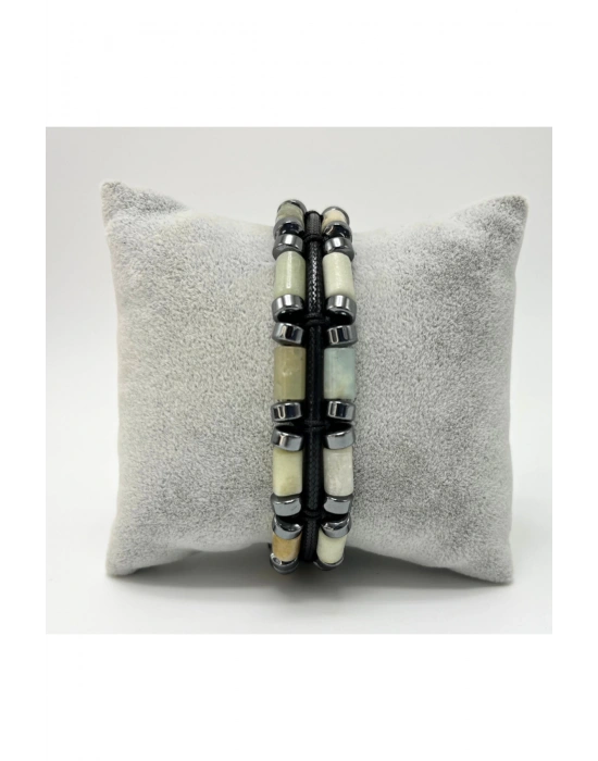 Sertifikalı Amazonit ve Hematit Makrome Doğal Taş Deri Erkek Bileklik