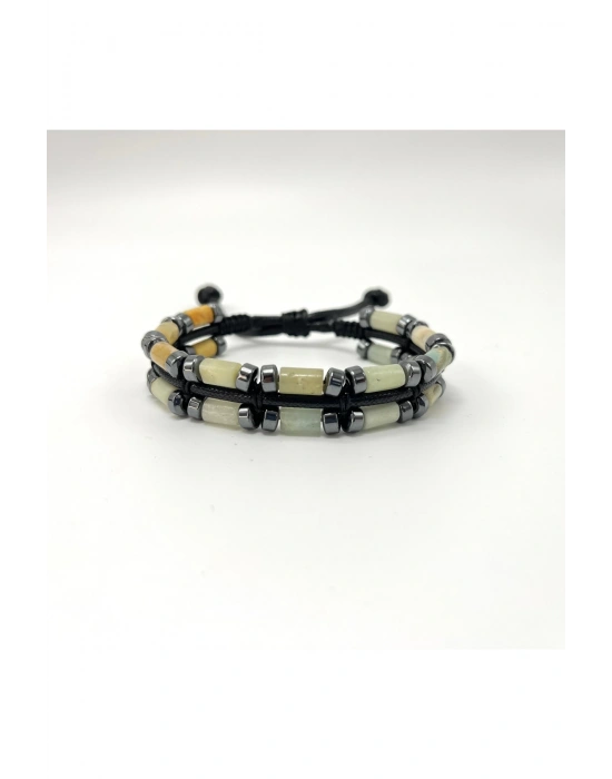Sertifikalı Amazonit ve Hematit Makrome Doğal Taş Deri Erkek Bileklik