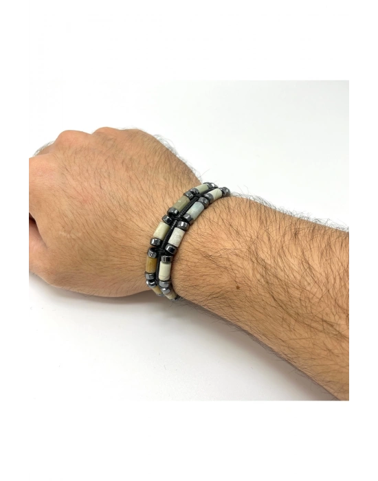 Sertifikalı Amazonit ve Hematit Makrome Doğal Taş Deri Erkek Bileklik