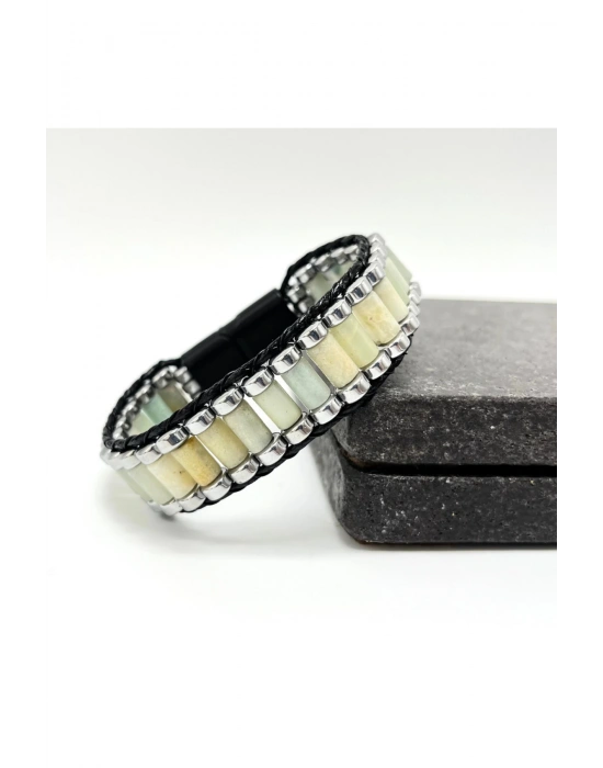 Sertifikalı Amazonit ve Hematit Silindir Kesim Kilitli Doğal Taş Deri Erkek Bileklik