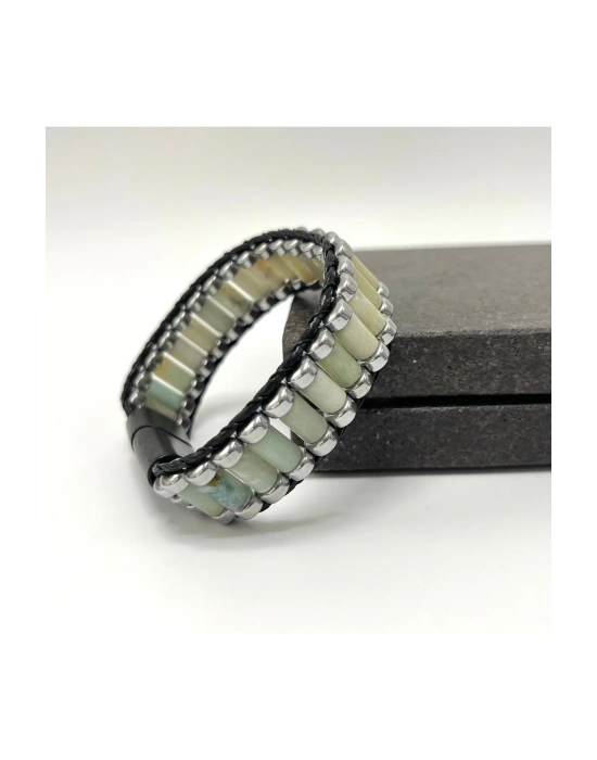 Sertifikalı Amazonit ve Hematit Silindir Kesim Kilitli Doğal Taş Deri Erkek Bileklik