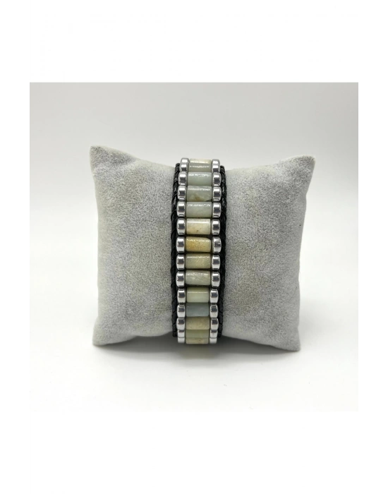 Sertifikalı Amazonit ve Hematit Silindir Kesim Kilitli Doğal Taş Deri Erkek Bileklik