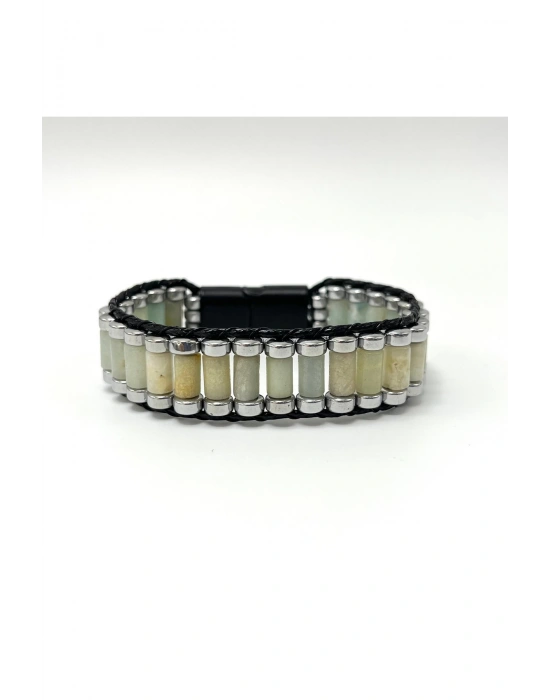 Sertifikalı Amazonit ve Hematit Silindir Kesim Kilitli Doğal Taş Deri Erkek Bileklik