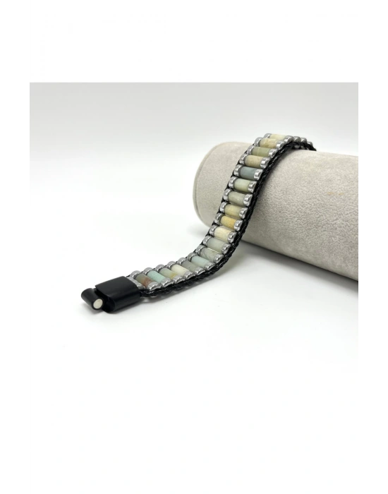 Sertifikalı Amazonit ve Hematit Silindir Kesim Kilitli Doğal Taş Deri Erkek Bileklik