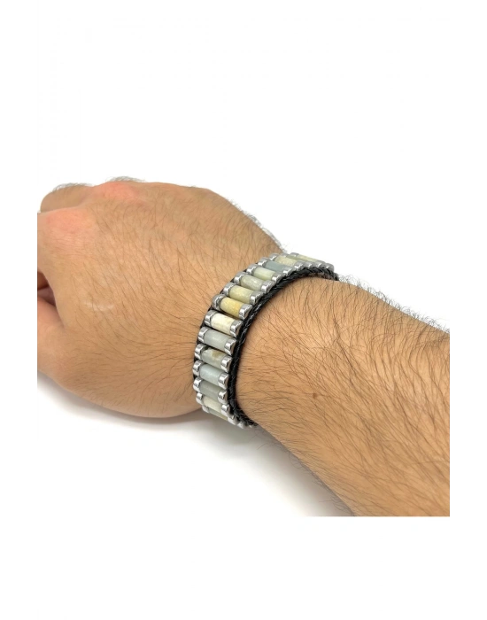 Sertifikalı Amazonit ve Hematit Silindir Kesim Kilitli Doğal Taş Deri Erkek Bileklik