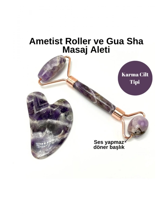 Sertifikalı Ametist 1. Sınıf Kalite Roller ve Gua Sha Doğal Taş Masaj Aleti Takım