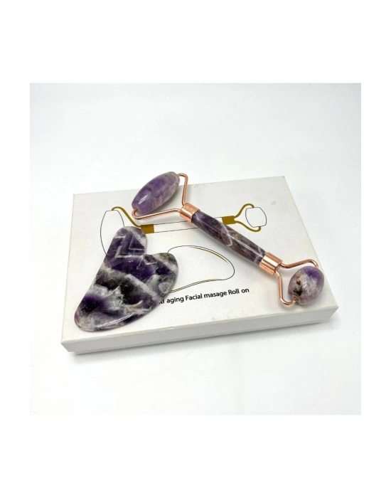Sertifikalı Ametist 1. Sınıf Kalite Roller ve Gua Sha Doğal Taş Masaj Aleti Takım