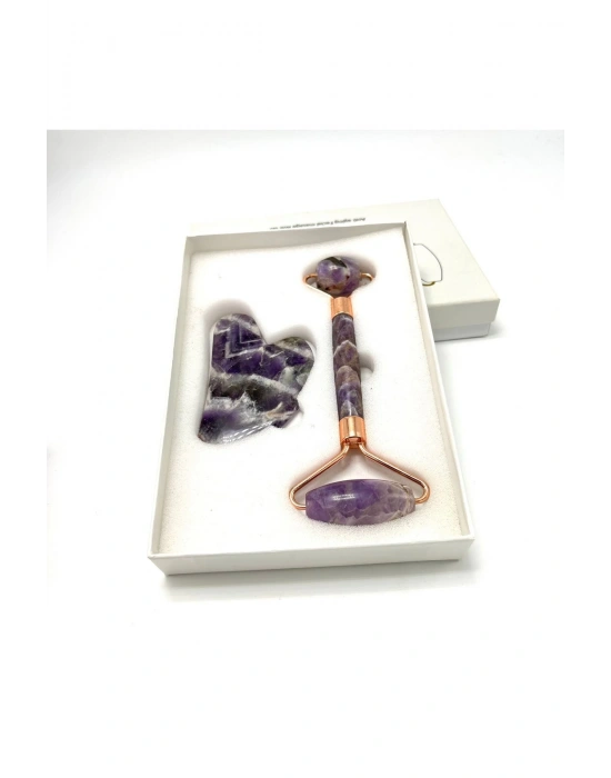 Sertifikalı Ametist 1. Sınıf Kalite Roller ve Gua Sha Doğal Taş Masaj Aleti Takım