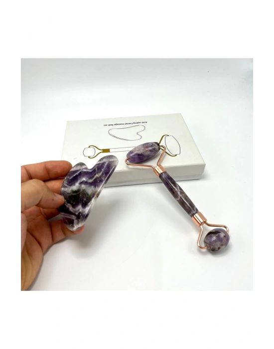 Sertifikalı Ametist 1. Sınıf Kalite Roller ve Gua Sha Doğal Taş Masaj Aleti Takım