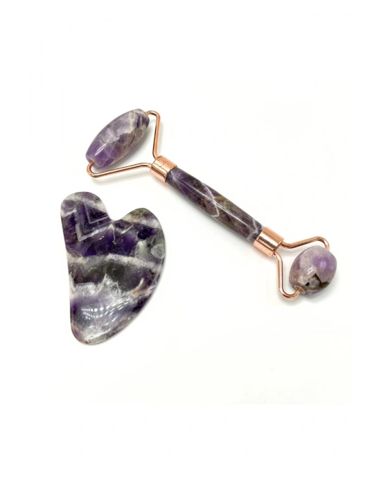 Sertifikalı Ametist 1. Sınıf Kalite Roller ve Gua Sha Doğal Taş Masaj Aleti Takım