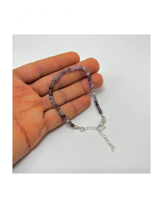 SERTİFİKALI Ametist 4mm 925 Ayar Gümüş Doğal Taş Bileklik Uzatma Zincirli