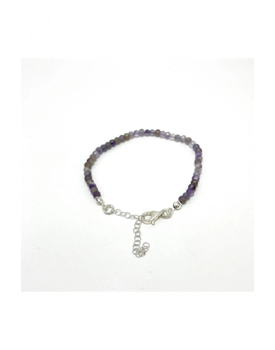 SERTİFİKALI Ametist 4mm 925 Ayar Gümüş Doğal Taş Bileklik Uzatma Zincirli