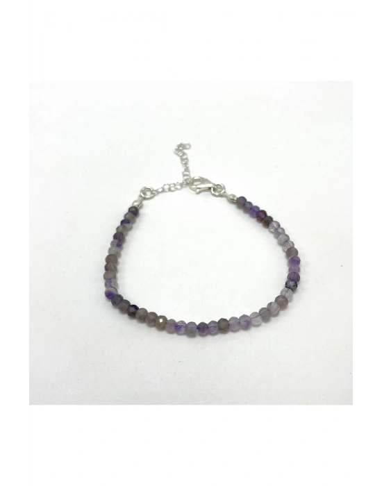 SERTİFİKALI Ametist 4mm 925 Ayar Gümüş Doğal Taş Bileklik Uzatma Zincirli