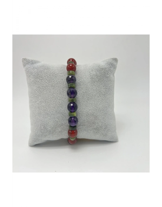 Sertifikalı Ametist Akik Yeşim Sodalit Doğal Taş Misinalı Bileklik 8mm