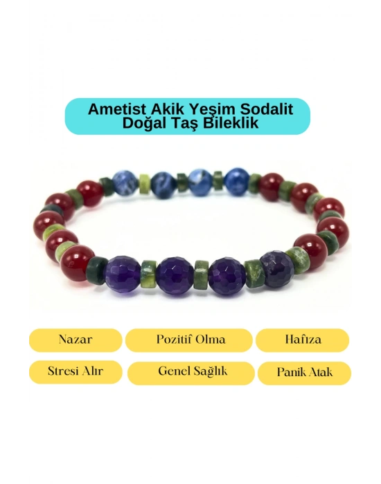 Sertifikalı Ametist Akik Yeşim Sodalit Doğal Taş Misinalı Bileklik 8mm