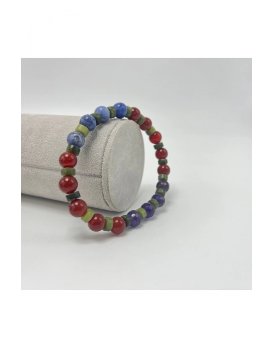 Sertifikalı Ametist Akik Yeşim Sodalit Doğal Taş Misinalı Bileklik 8mm