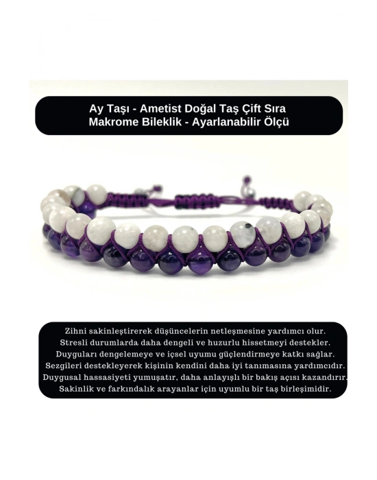 SERTİFİKALI Ametist - Ay Taşı Doğal Taş Çift Sıra Makrome Bileklik