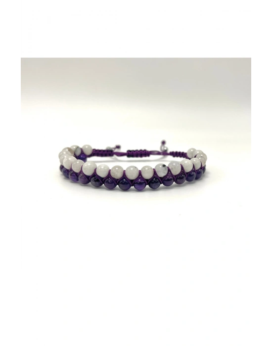 SERTİFİKALI Ametist - Ay Taşı Doğal Taş Çift Sıra Makrome Bileklik