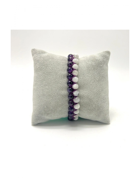 SERTİFİKALI Ametist - Ay Taşı Doğal Taş Çift Sıra Makrome Bileklik