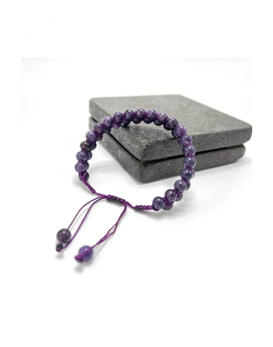 SERTİFİKALI Ametist Çift Sıra Doğal Taş Makrome Bileklik Ayarlanabilir Ölçü