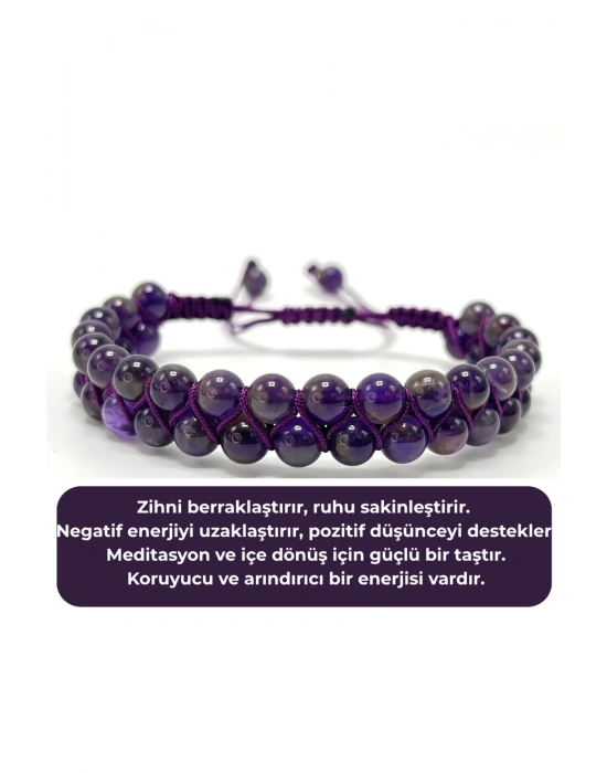 SERTİFİKALI Ametist Çift Sıra Doğal Taş Makrome Bileklik Ayarlanabilir Ölçü